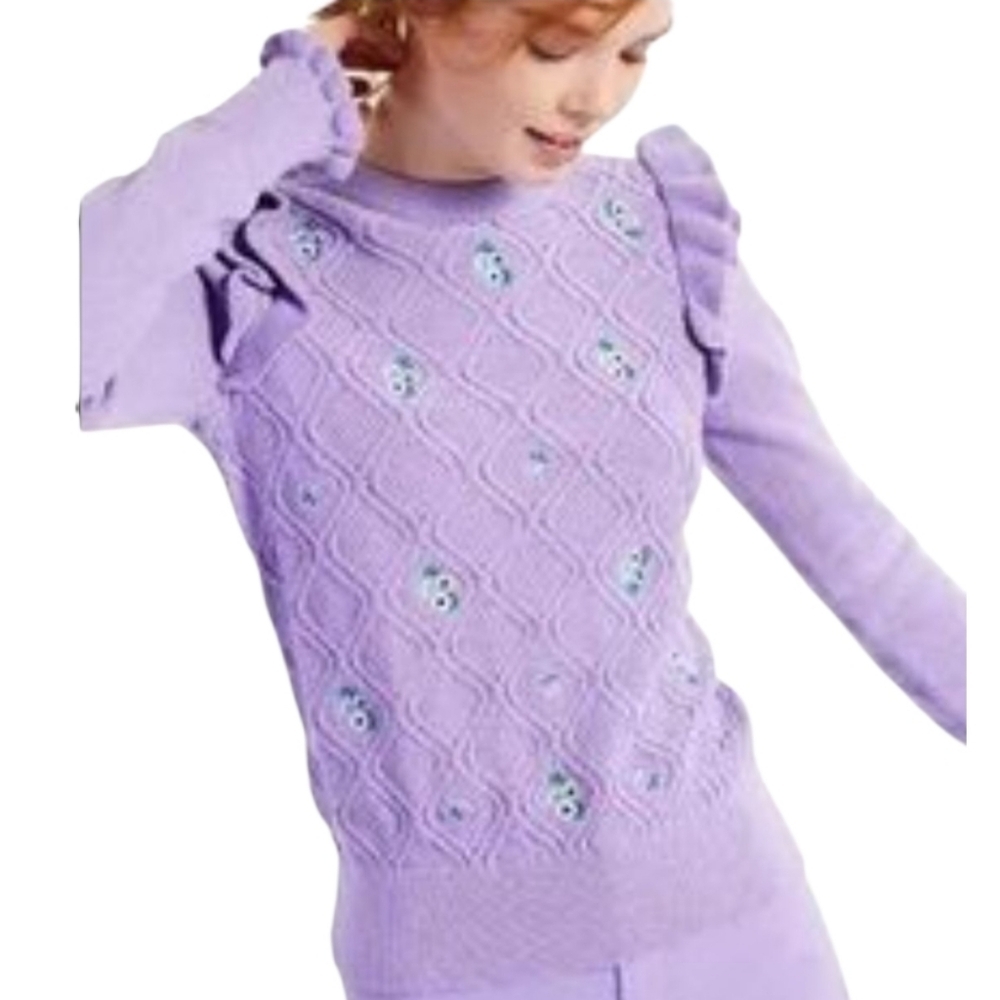 Charter Club Lavender Floral Ruffle Sweater Size Medium Petite - Picture 1 of 5